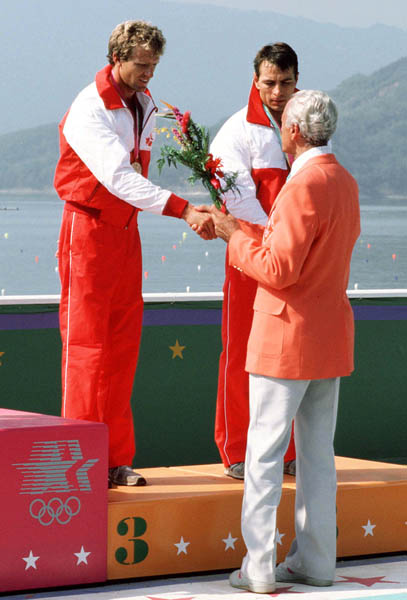 Canada's Hugh Fisher (left) and Alwyn Morris celebrate a bronze medal win in the men's K-2 kayak event at the 1984 Olympic games in Los Angeles. (CP PHOTO/ COA/)