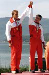 Canada's Hugh Fisher (left) and Alwyn Morris celebrate a gold medal win in the men's 2x kayak event at the 1984 Olympic games in Los Angeles. (CP PHOTO/ COA/)