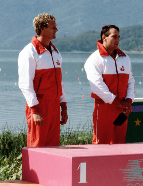 Canada's Hugh Fisher (left) and Alwyn Morris celebrate a gold medal win in the men's kayak K-2 event at the 1984 Olympic games in Los Angeles. (CP PHOTO/ COA/)