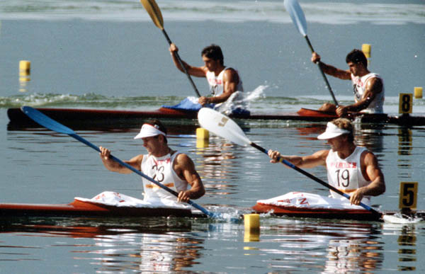 Canada's Hugh Fisher (19) and Alwyn Morris (23) compete in a kayaking event at the 1984 Olympic games in Los Angeles. (CP PHOTO/ COA/ Crombie McNeil)