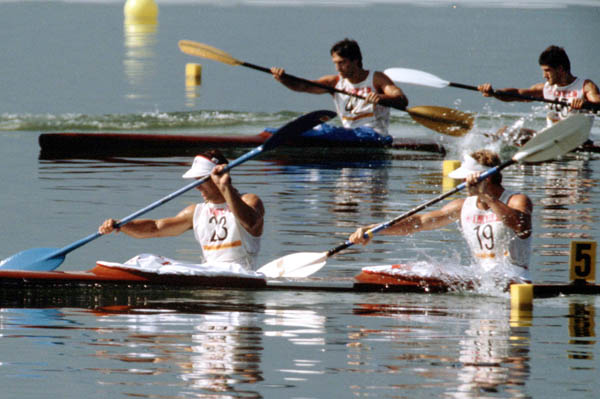Canada's Alwyn Morris (23) and Hugh Fisher (19) compete in a kayaking event at the 1984 Olympic games in Los Angeles. (CP PHOTO/ COA/ Crombie McNeil)