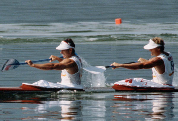Canada's Alwyn Morris (left) and Hugh Fisher compete in a kayaking event at the 1984 Olympic games in Los Angeles. (CP PHOTO/ COA/ Crombie McNeil)