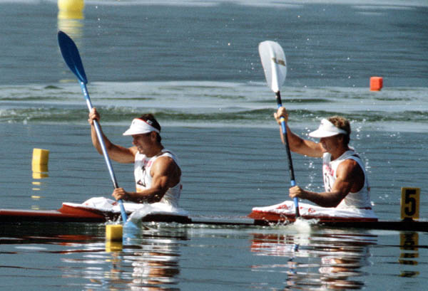 Canada's Hugh Fisher (right) and Alwyn Morris compete in a kayaking event at the 1984 Olympic games in Los Angeles. (CP PHOTO/ COA/ Crombie McNeil)