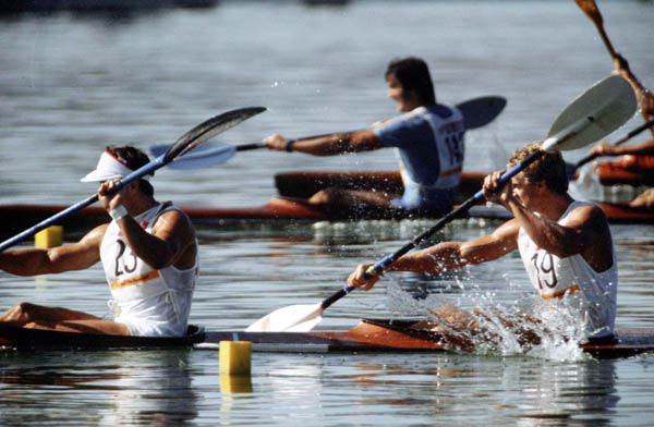 Canada's Hugh Fisher (19) and Alwyn Morris (23) compete in a kayaking event at the 1984 Olympic games in Los Angeles. (CP PHOTO/ COA/ Crombie McNeil)