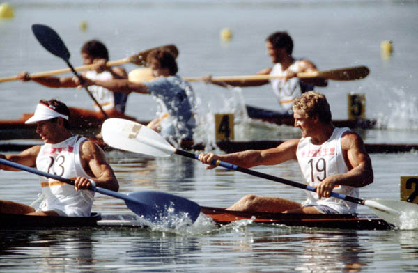 Canada's Hugh Fisher (19) and Alwyn Morris (23) competing in a kayaking event at the 1984 Olympic games in Los Angeles. (CP PHOTO/ COA/ Crombie McNeil)