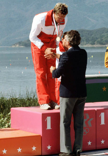 Canada's Hugh Fisher celebrates a gold medal win in the  men's kayak K-2 event at the 1984 Olympic games in Los Angeles. (CP PHOTO/ COA/)