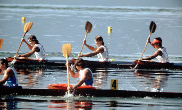 Canada's women's K-4 team (behind) competes in a kayak event at the 1984 Olympic games in Los Angeles. (CP PHOTO/ COA/ Crombie McNeil)