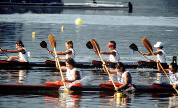 Canada's women's K-4 team (back) competes in a kayak event at the 1984 Olympic games in Los Angeles. (CP PHOTO/ COA/ Crombie McNeil)