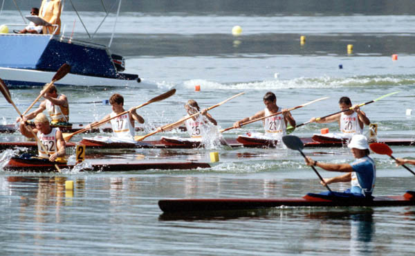 Canada's men's K-4 team competes in a kayak event at the 1984 Olympic games in Los Angeles. (CP PHOTO/ COA/ Crombie McNeil)