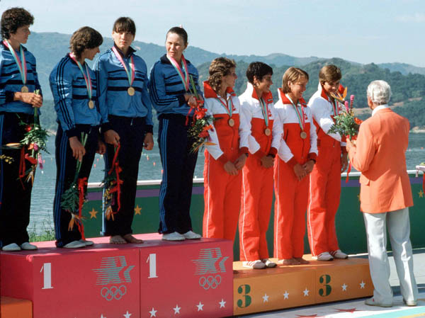 Canada's women's K-4 team celebrates a bronze medal win in the kayak event at the 1984 Olympic games in Los Angeles. (CP PHOTO/ COA/)