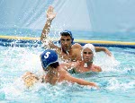 Canada's Dominique Dion (13) and Paul Pottier (6) compete in the men's water polo event at the 1984 Olympic Games Los Angeles. (CP Photo/COA/Tim O'lett)