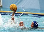 Canada's Dominique Dion (13) and Paul Pottier (6) compete in the men's water polo event at the 1984 Olympic Games Los Angeles. (CP Photo/COA/Tim O'lett)