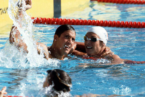 Canada's Alex Baumann (right) competes in the swimming event at the 1984 Olympic games in Los Angeles. (CP PHOTO/ COA/Ted Grant )