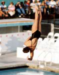 Canada's Sylvie Bernier celebrates a gold medal win in the women's diving event at the 1984 Olympic games in Los Angeles. (CP PHOTO/ COA/Ted Grant)