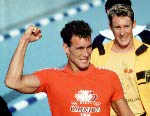 Canada's Victor Davis (left) celebrates a gold medal win in the men's swimming event at the 1984 Olympic games in Los Angeles. (CP PHOTO/ COA/)