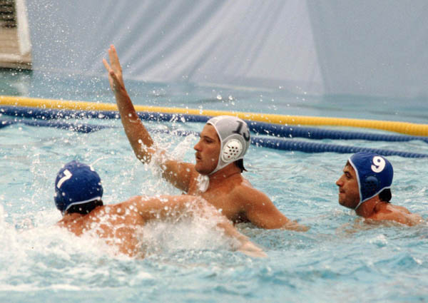 Canada's Dominique Dion (13) competes in the men's water polo event at the 1984 Olympic Games Los Angeles. (CP Photo/COA/Tim O'lett)