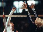 Canada's Joyce Gamborg (4) and Monica Hitchcock (6) compete in the women's volleyball event at the 1984 Los Angeles Summer Olympic Games. (CP PHOTO/COA/Scott Grant)