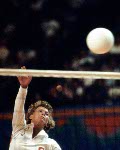 Canada's Monica Hitchcock (left) and Dianne Ratnik (1) compete in the women's volleyball event at the 1984 Los Angeles Summer Olympic Games. (CP PHOTO/COA/Scott Grant)