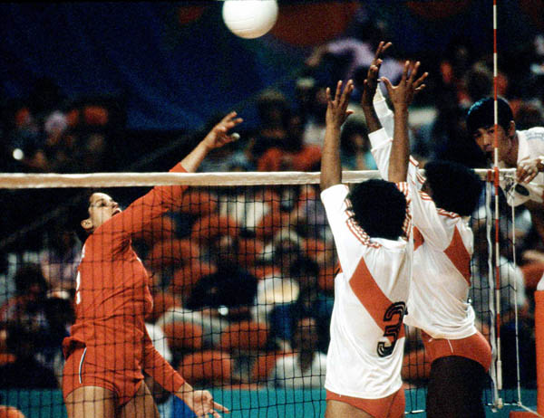 Canada's Josee Lebel (left) competes in the women's volleyball event at the 1984 Los Angeles Summer Olympic Games. (CP PHOTO/COA/Scott Grant)