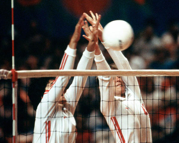 Canada's Suzie Smith and Barb Broden competes in the women's volleyball event at the 1984 Los Angeles Summer Olympic Games. (CP PHOTO/COA/Scott Grant)
