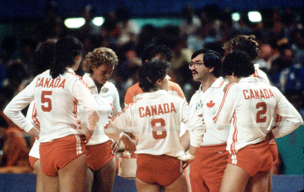 Canadian women's volleyball team with coach Lorne Sawula compete in the women's volleyball event at the 1984 Los Angeles Summer Olympic Games. (CP PHOTO/COA/Scott Grant)