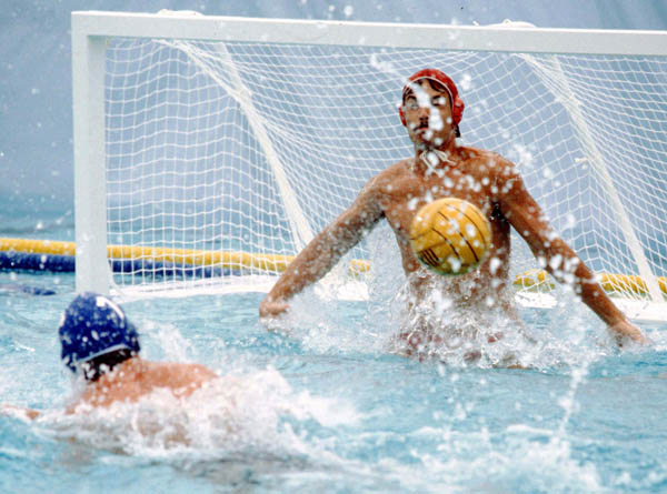 Canada's Rick Zayonc (goalie) competes in men's water polo action at the 1984 Olympic Games Los Angeles. (CP Photo/COA/Tim O'lett)