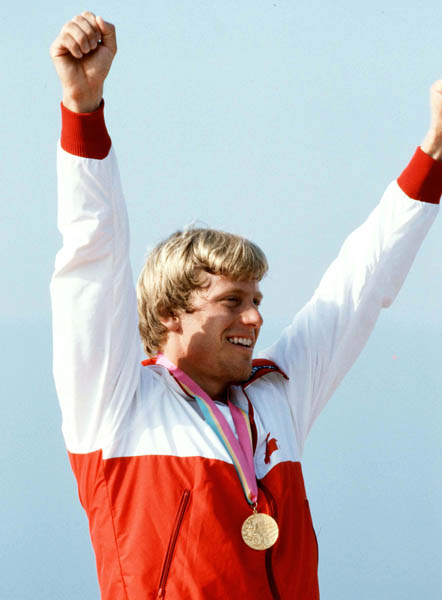 Canada's Larry Cain celebrates a gold medal win in the men's canoe event at the 1984 Olympic games in Los Angeles. (CP PHOTO/ COA/)