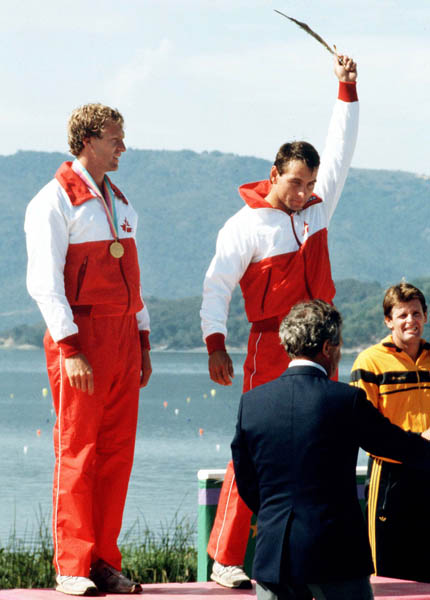 Canada's Hugh Fisher (left) and Alwyn Morris celebrate a gold medal win in the men's 2x kayak event at the 1984 Olympic games in Los Angeles. (CP PHOTO/ COA/)