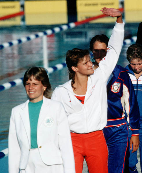 Canada's Anne Ottenbrite (red) celebrates a silver medal win in the swimming event at the 1984 Olympic games in Los Angeles. (CP PHOTO/ COA/)