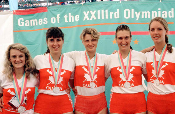 Canada's women's 4+ rowing team celebrate their silver medal win in the rowing event at the 1984 Olympic games in Los Angeles. (CP PHOTO/ COA/Ted Grant)