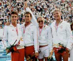 Canada's men's relay team (from left to right) Mike West, Victor Davis, Tom Ponting and Sandy Goss celebrate their silver medal win in the swimming event at the 1984 Olympic games in Los Angeles. (CP PHOTO/ COA/Jim Merrithew)