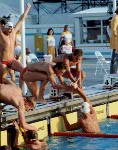 Canada's men's relay team celebrate their silver medal win in the swimming event at the 1984 Olympic games in Los Angeles. (CP PHOTO/ COA/Jim Merrithew)
