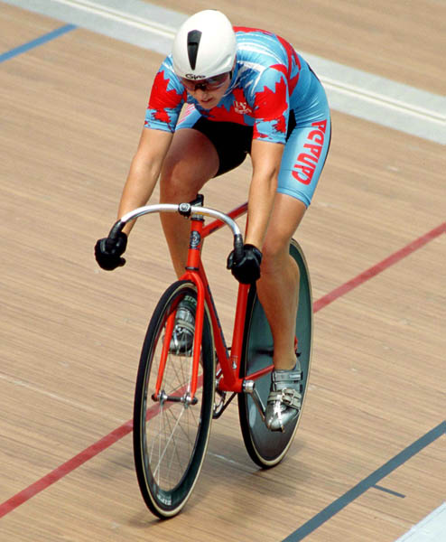 Canada's Tanya Dubnicoff competes in the points race cycling event at the 1996 Atlanta Summer Olympic Games. (CP Photo/COA/Mike Ridewood)