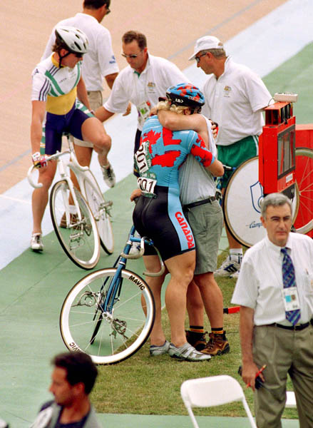 Canada's Curt Harnett (right) celebrates the bronze medal he won in the sprint cycling event at the 1996 Atlanta Summer Olympic Games. (CP Photo/ COA/Mike Ridewood)