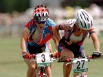 Canada's Alison Sydor (3) competes in the cross country cycling event at the 1996 Atlanta Summer Olympic Games. (CP PHOTO/COA/Mike Ridewood)