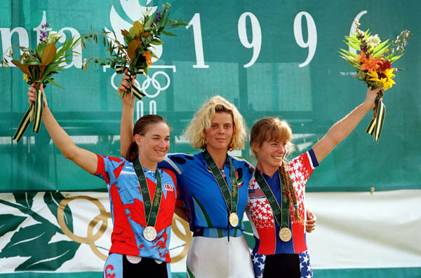 Canada's Alison Sydor (left) celebrates a silver medal win in the women's cross country cycling event at the 1996 Atlanta Summer Olympic Games. (CP Photo/ COA/Mike Ridewood)