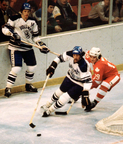 Canada's Ken Berry (right) competes in hockey action against the Netherlands at the 1980 Winter Olympics in Lake Placid. (CP PHOTO/ COA/ )