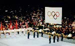 The Olympic flag is lowered during closing ceremonies at the 1980 Winter Olympics in Lake Placid. (CP Photo/COA)