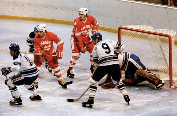 Canada's John Devaney (left) and Kevin Primeau (right) compete in hockey action against the Netherlands at the 1980 Winter Olympics in Lake Placid. (CP PHOTO/ COA/ )