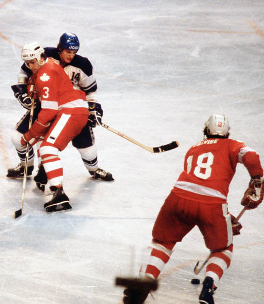 Canada's Brad Pirie (3) and Dan D'Alvise (18) participates in hockey action against the Netherlands at the 1980 Winter Olympics in Lake Placid. (CP PHOTO/ COA/ )