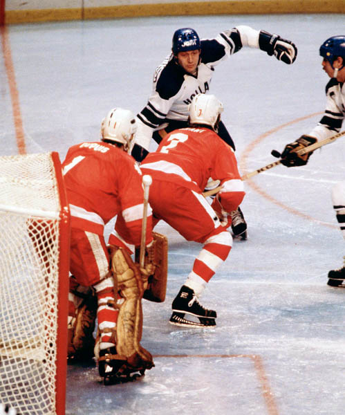 Canada's Paul Pageau (goalie) and Joe Grant (7) participate in hockey action against the Netherlands at the 1980 Winter Olympics in Lake Placid. (CP PHOTO/ COA/ )