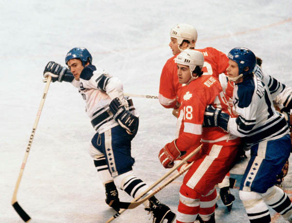 Canada's Stelio Zupancich (behind) and Dan D'Alvise (18) participate in hockey action against the Netherlands at the 1980 Winter Olympics in Lake Placid. (CP PHOTO/ COA/ )