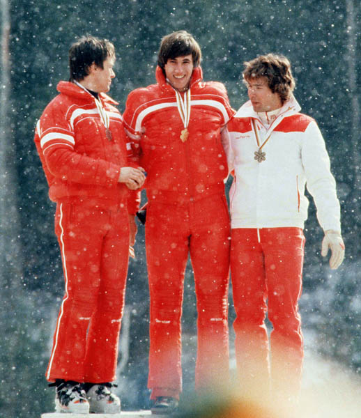 Steve Podborski (right) celebrates his bronze medal win in the alpine ski event at the 1980 Lake Placid Olympic winter Games. (CP PHOTO/COA)