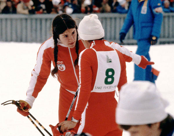 Canada's Angela Schmidt and Sharon Firth (8) participate in the cross country ski event at the 1980 Winter Olympics in Lake Placid. (CP PHOTO/COA)