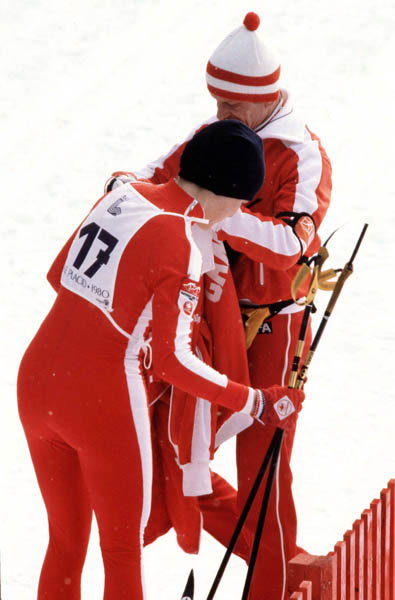 Canada's Angela Schmidt and coach Jan Lehmann participate in the cross country ski event at the 1980 Winter Olympics in Lake Placid. (CP PHOTO/COA)