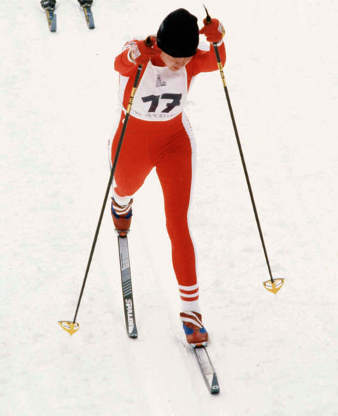 Canada's Angela Schmidt (17) competes in the nordic ski event at the 1980 Winter Olympics in Lake Placid. (CP PHOTO/COA)