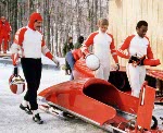 Canada's Alan MacLachlan and Bob Wilson compete in the two man bobsleigh event at the 1984 Sarajevo Winter Olympics. (CP PHOTO/ COA/ Tim O'lett)