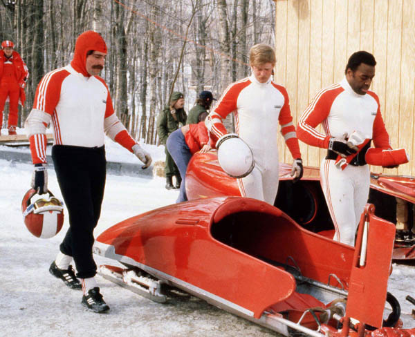 (Left to right) Canada's Martin Glynn, Alan MacLachlan and Robert Wilson compete in the four-man bobsleigh event at the 1980 Lake Placid Winter Olympics. (CP PHOTO/ COA)