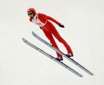 Canada's Horst Bulau participates in the ski jumping event at the 1988 Winter Olympics in Calgary. (CP PHOTO/COA/ J. Gibson)