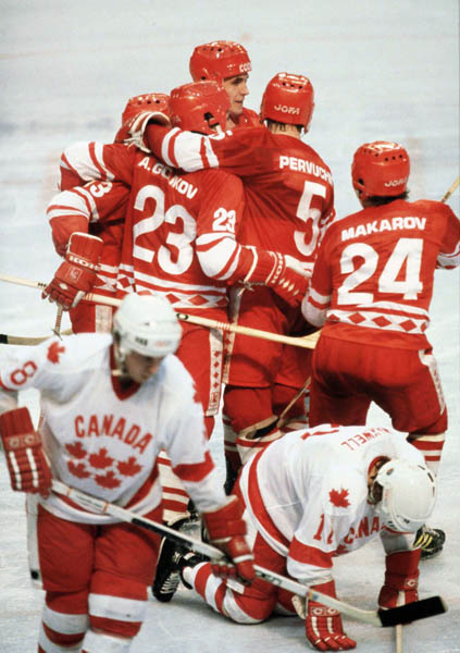 Canada's Don Spring (8) and Kevin Maxwell (11) compete in hockey action against the U.S.S.R. at the 1980 Winter Olympics in Lake Placid. (CP Photo/ COA)